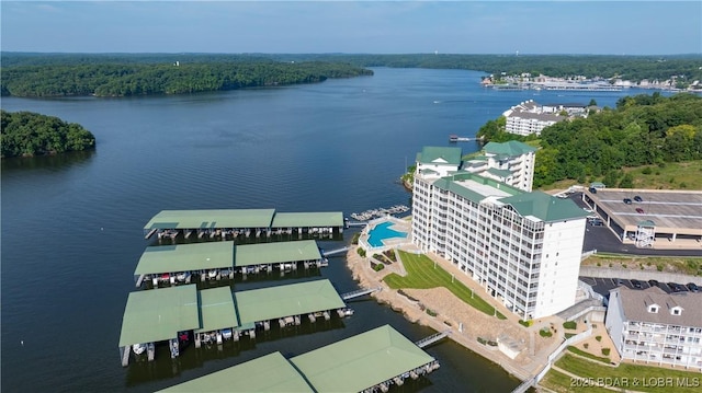 aerial view featuring a water view