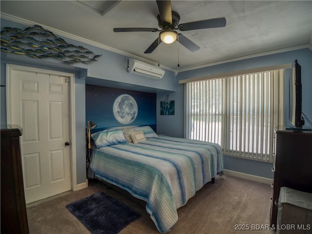 bedroom with carpet floors, baseboards, crown molding, and a wall mounted AC