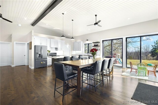 402 Thunder Mountain Rd, Camdenton, MO 65020 - dining space featuring ceiling fan, dark wood-type flooring, wood ceiling, and baseboards