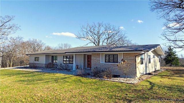 ranch-style house featuring crawl space, stone siding, and a front yard