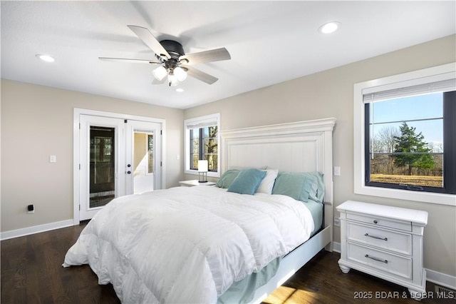 bedroom featuring access to exterior, dark wood-style floors, recessed lighting, and baseboards