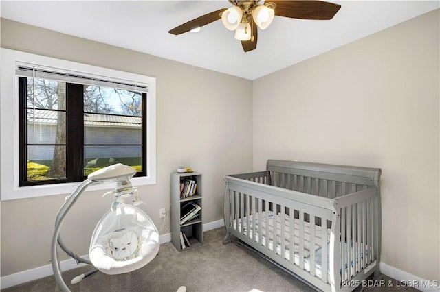 bedroom featuring a ceiling fan, baseboards, and carpet floors