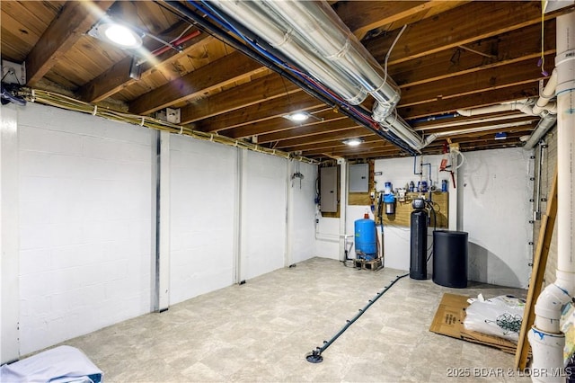 unfinished basement featuring electric panel