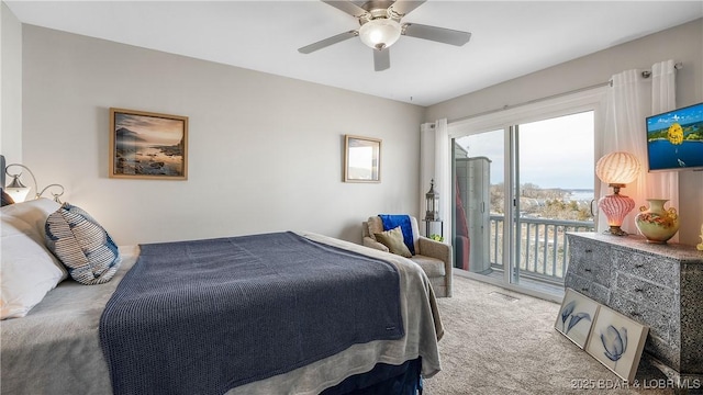 carpeted bedroom with access to outside, visible vents, and ceiling fan