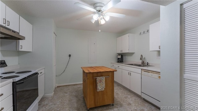 kitchen with range with electric cooktop, butcher block counters, a center island, white dishwasher, and a sink