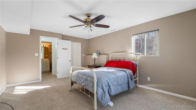 carpeted bedroom with ceiling fan, visible vents, and baseboards