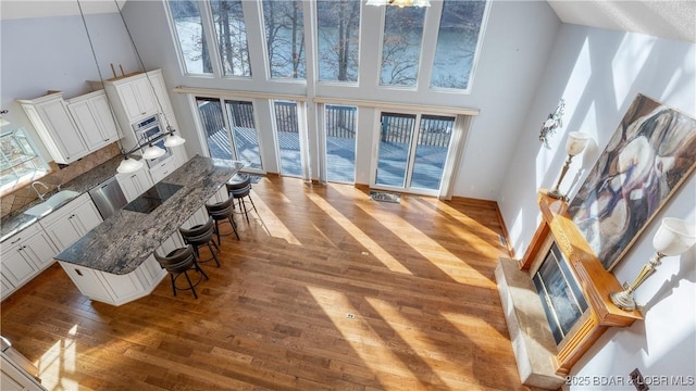 interior space with baseboards, a fireplace, a high ceiling, and wood finished floors