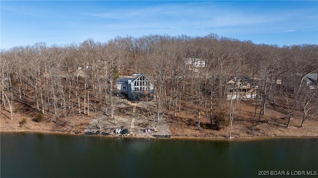 aerial view featuring a water view and a forest view