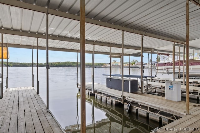 view of dock featuring boat lift and a water view