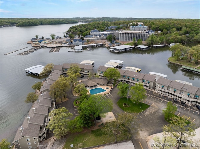 aerial view featuring a water view