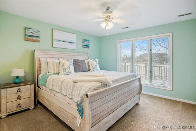 bedroom with a ceiling fan, baseboards, visible vents, and carpet flooring