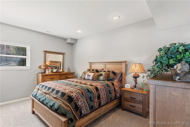 bedroom with recessed lighting, carpet, and baseboards