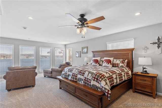 bedroom with carpet floors, recessed lighting, and ceiling fan