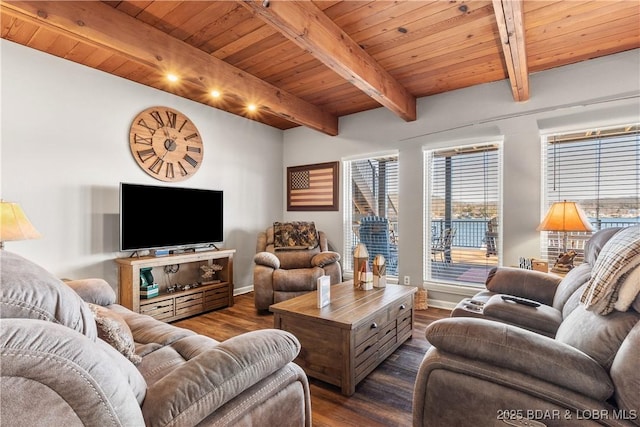 living room featuring beamed ceiling, wooden ceiling, dark wood finished floors, and baseboards