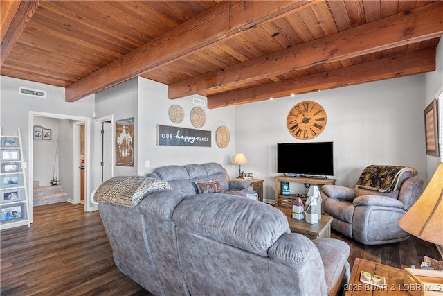 living area featuring dark wood-style flooring, visible vents, wood ceiling, beamed ceiling, and baseboards