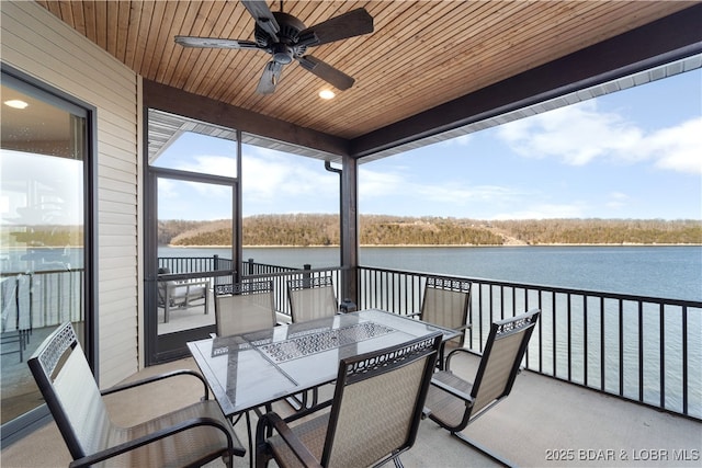 exterior space with wooden ceiling, ceiling fan, and a water view