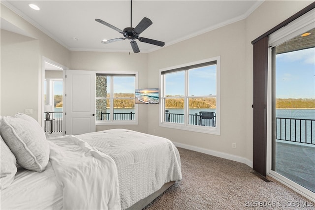 carpeted bedroom with a ceiling fan, baseboards, recessed lighting, crown molding, and access to outside