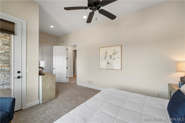 bedroom with recessed lighting, baseboards, carpet, and a ceiling fan