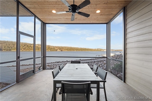 sunroom with a water view, wood ceiling, and ceiling fan