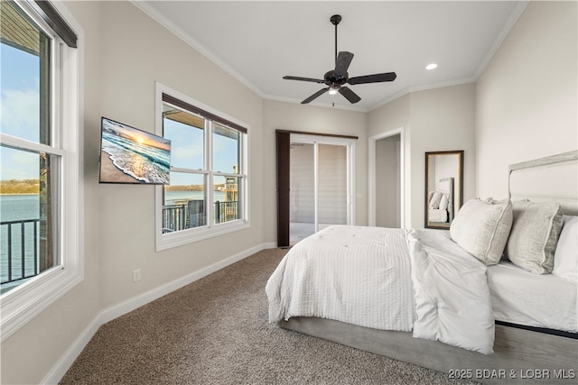 bedroom with crown molding, recessed lighting, carpet, and baseboards