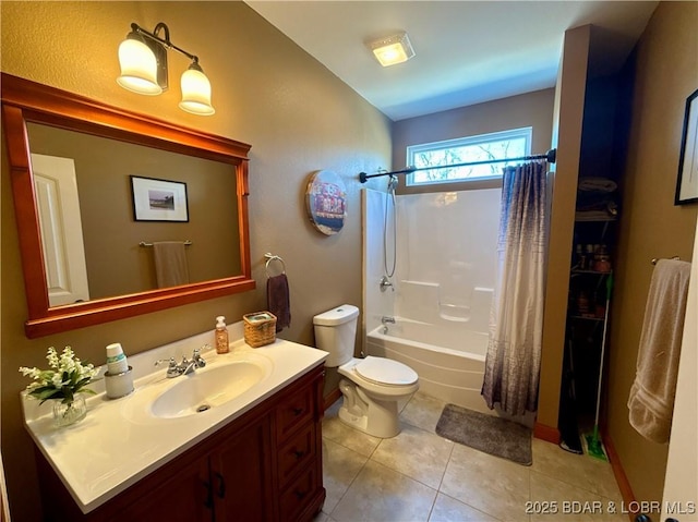 full bathroom featuring toilet, shower / tub combo, tile patterned floors, and vanity