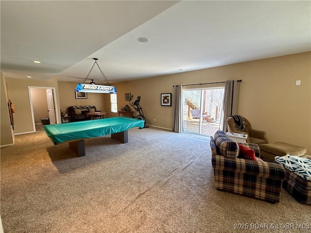 playroom featuring recessed lighting, baseboards, carpet flooring, and pool table