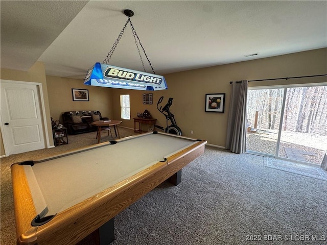 rec room with carpet floors, pool table, and visible vents