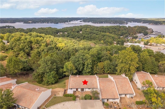 aerial view with a water view and a wooded view