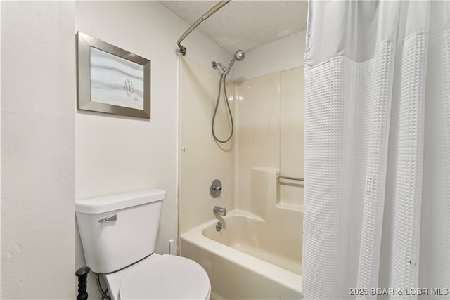 full bathroom with a textured ceiling, toilet, and shower / tub combo with curtain