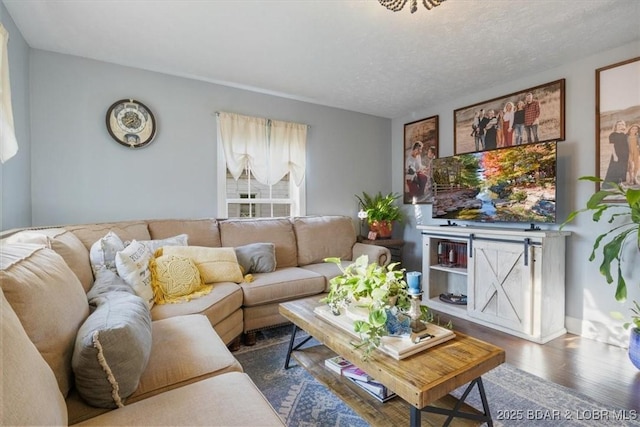 living area featuring a textured ceiling and wood finished floors