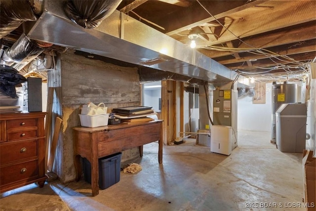 unfinished basement featuring heating unit