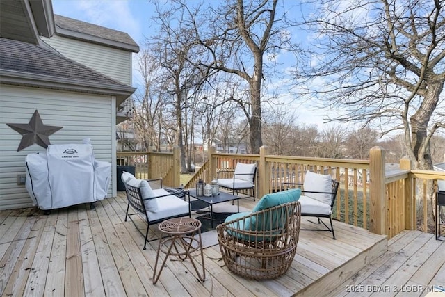 wooden deck featuring area for grilling and outdoor lounge area