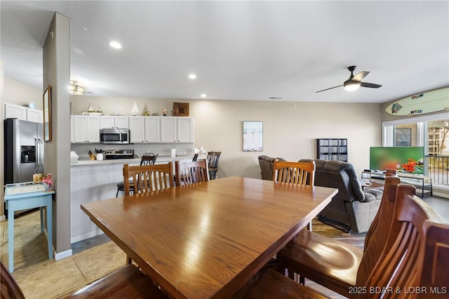 dining area with recessed lighting and ceiling fan