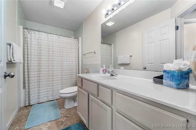 full bathroom featuring vanity, a shower with shower curtain, visible vents, tile patterned flooring, and toilet