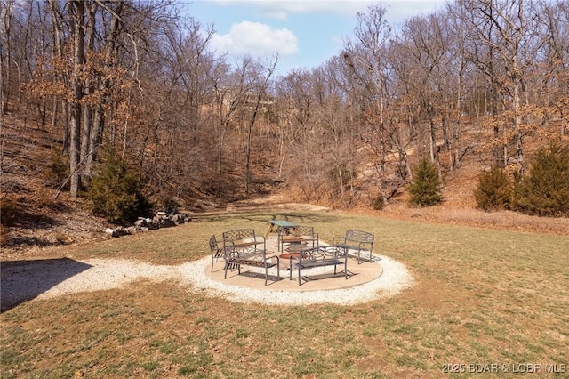 view of yard with a wooded view and a patio