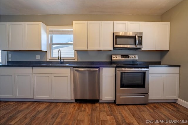 kitchen with dark wood finished floors, a sink, white cabinets, appliances with stainless steel finishes, and dark countertops