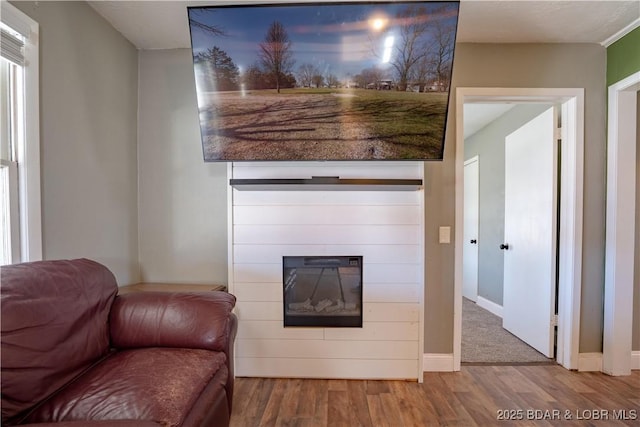 interior space featuring a glass covered fireplace, wood finished floors, and baseboards