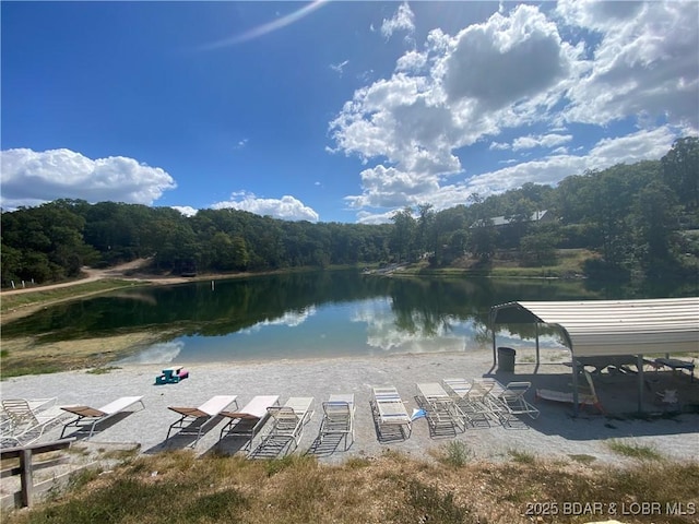 property view of water featuring a forest view