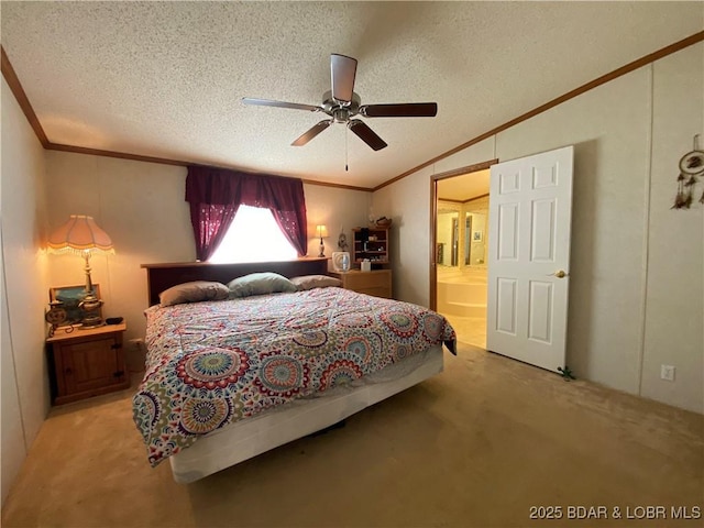 bedroom featuring a textured ceiling, light colored carpet, and ornamental molding