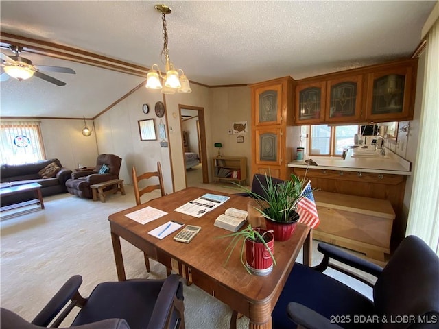 dining room featuring light colored carpet, a healthy amount of sunlight, crown molding, and a textured ceiling