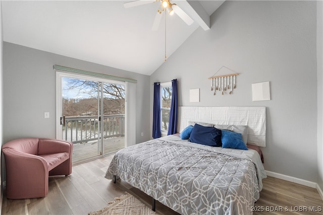 bedroom featuring access to outside, wood finished floors, high vaulted ceiling, beamed ceiling, and baseboards
