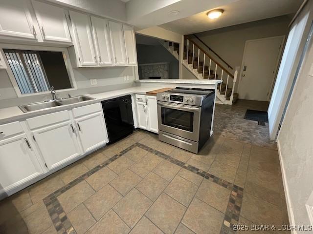 kitchen with white cabinetry, stainless steel electric range, a sink, light countertops, and dishwasher