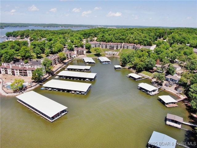 drone / aerial view with a water view and a wooded view