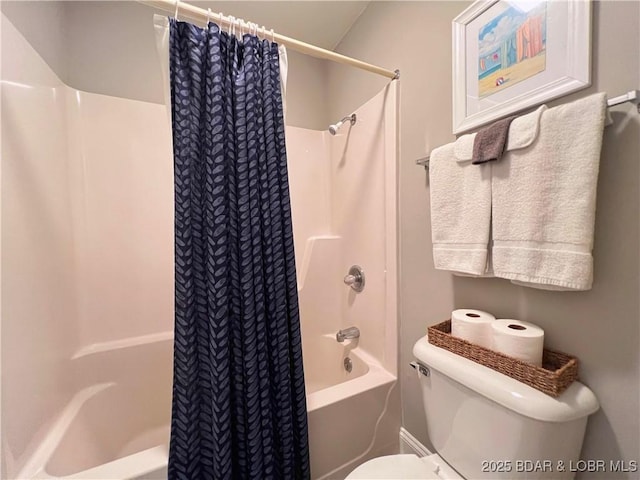 bathroom with toilet and shower / bathtub combination with curtain