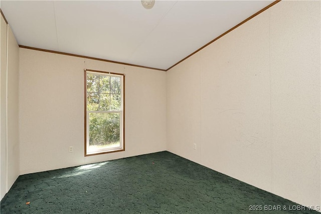 carpeted spare room with lofted ceiling and ornamental molding