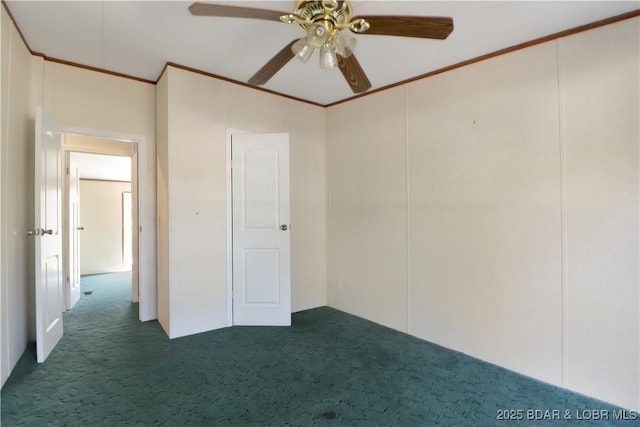 unfurnished bedroom with a ceiling fan, carpet floors, and ornamental molding