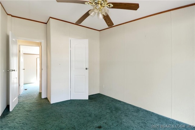 unfurnished bedroom with ceiling fan, carpet floors, and ornamental molding