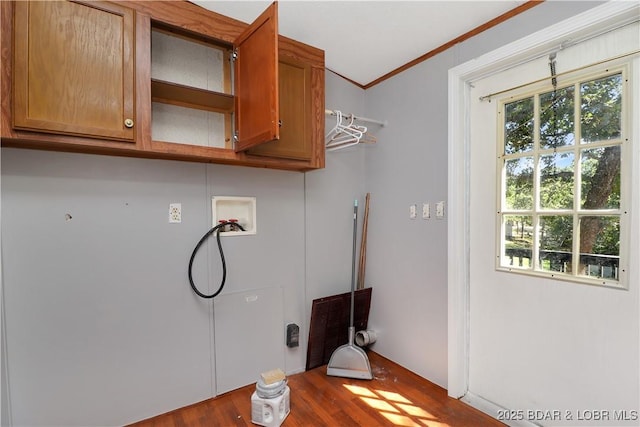 washroom with cabinet space, wood finished floors, ornamental molding, and washer hookup