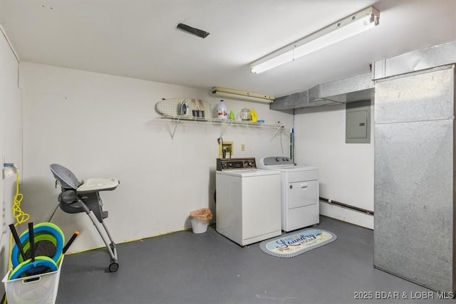 clothes washing area featuring electric panel, a baseboard radiator, laundry area, and washing machine and clothes dryer