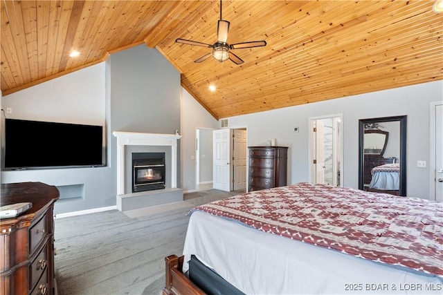 carpeted bedroom with visible vents, baseboards, high vaulted ceiling, a glass covered fireplace, and wooden ceiling